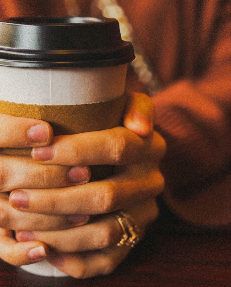 Hands holding a warm coffee cup at Peace of Mind Cafe